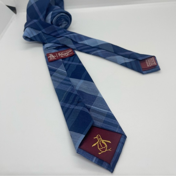 Penguin Navy Blue Plaid Cotton Skinny Necktie - Picture 3 of 6